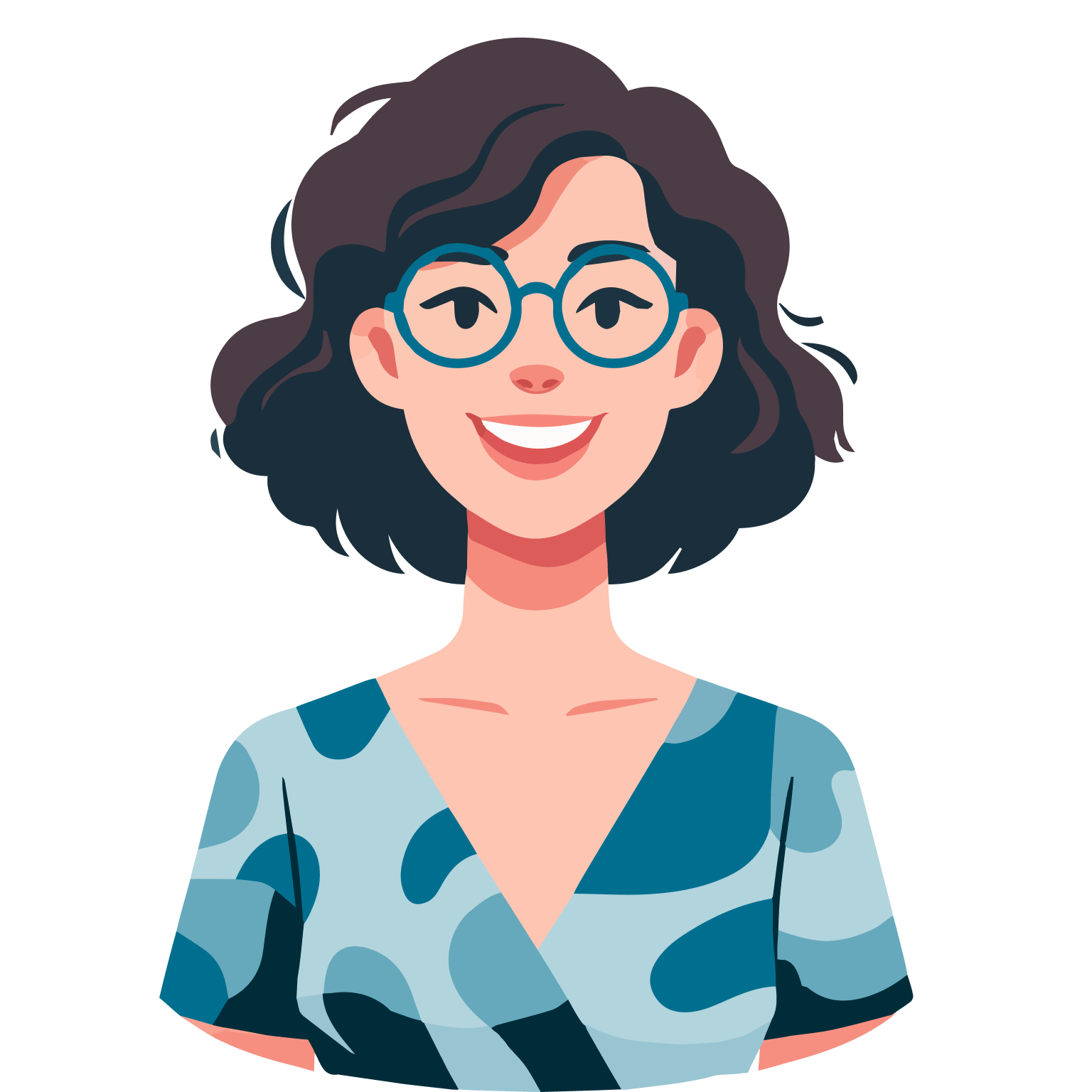 illustration of a smiling latine woman with short, dark, curly hair and wearing glasses